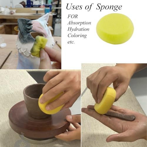 6 Pcs Pottery Tool Sponges for Clay, 4 Sponges with Stick 4 Sizes, 1 Round Sponge,1 Oval Sponge, Ceramic Trimming and Shaping Tools for Pottery Wheel and Clay Artists