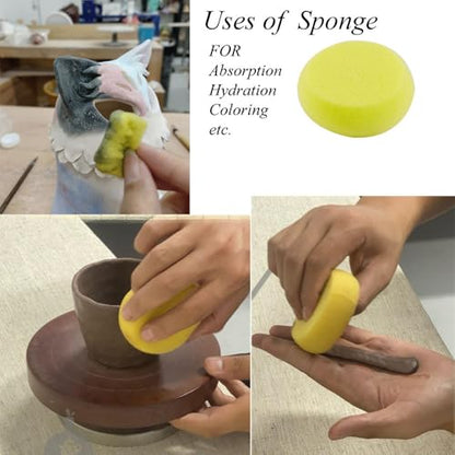 6 Pcs Pottery Tool Sponges for Clay, 4 Sponges with Stick 4 Sizes, 1 Round Sponge,1 Oval Sponge, Ceramic Trimming and Shaping Tools for Pottery Wheel and Clay Artists