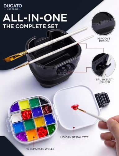16-Well Airtight Gouache Palette Box with Lid & Foldable Water Cup, Black | Compact Travel Design, Refillable Paint Storage Suitable for Watercolor & Acrylic - color: Black