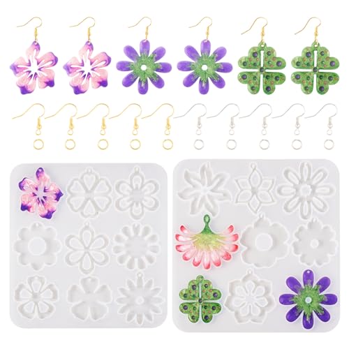 Boutigem 2Pcs Flower Pendant Silicone Molds Assorted Floral Resin Casting Molds with Earring Hooks Jump Rings for DIY Crafts Earring Keychain Necklace Jewelry Making - color: White-Flower-B