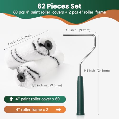 60 Pack 4 Inch Microfiber Paint Roller Covers with 2pcs Anti Rust Metal Roller Frames, Professional Grade Painting Tools for Walls, Ceilings, Furniture - color: 4 inch paint roller 60 pack