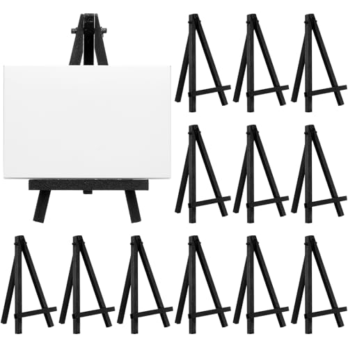 Chuangdi 12 Pieces 6.3 Inch Black Mini Wood Display Easel, Holder for Small Canvases, Cards, Photos, Notices, Etc - size: 6.3 Inch