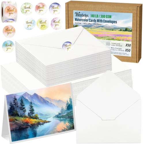 50 Pack Blank Watercolor Cards with Envelopes 4 x 6 Inch 140lb/300GSM 100% Cotton Heavyweight Foldable Water Color Cardstock, Acid-Free Watercolor Cards to Paint for Christmas Birthday - size: 4“x6"