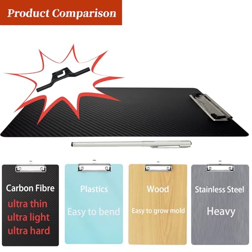 9.4 * 12.6 * 0.06inch Carbon Fiber clipboard,Ultra Hard&Weight Light&Portable,Strong Black Low Profile Clip with Hook&Pen Holder,Letter/A4 Size Writing Board,Classic 3k Twill - color: Black Clip, size: 9.4*12.6*0.06inch+1Clip