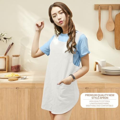 Shortened Design Apron, Japanese Style Soft Cotton Linen Apron with Two Side Pockets, X Cross Halter Aprons, Kitchen Cooking Clothes Gift for Women DIY Project, Crafting, Cooking, Baking(White) - color: White, style: 1# Style-rounded Edge