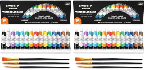 Shuttle Art Watercolor Paint Set, 15 Colors Watercolor Paint in Tubes (12ml Each) with 3 Brushes, Rich Pigments, Easy to Blend, Perfect for Kids, Artists, Beginners, Students (Pack of 2) - color: 15 Colors, size: 12 Fl Oz (30 Count)
