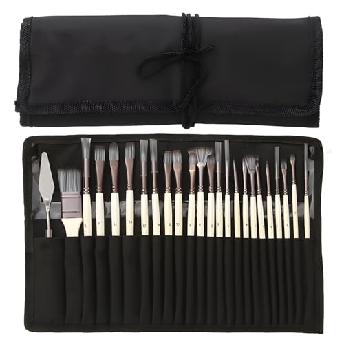 24pcs Paint Brush Set, Expert Series, 23 Different Shapes + Mixing Knife with Cloth Roll Case, Enhanced Synthetic Painting Brushes Set for Acrylic, Watercolor, Oil, Gouache (Cream) - color: Cream