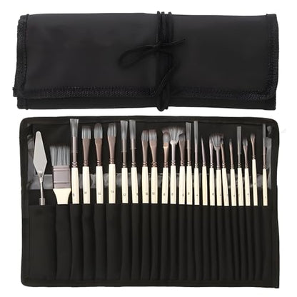 24pcs Paint Brush Set, Expert Series, 23 Different Shapes + Mixing Knife with Cloth Roll Case, Enhanced Synthetic Painting Brushes Set for Acrylic, Watercolor, Oil, Gouache (Cream) - color: Cream