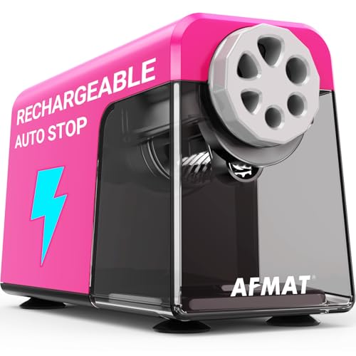 AFMAT 6-Hole Electric Pencil Sharpener Heavy Duty, Pencil Sharpener for Classroom, Cordless &Rechargeable, Colored Pencil Sharpeners for 6-11mm Pencils, Auto Stop, Super Fast, 10,000+ Sharpenings PSD1 - color: Pink