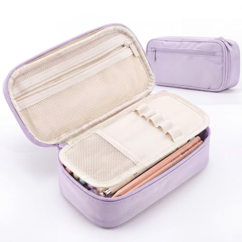 WEMATE Pencil Case, Large Storage Organizer, Makeup Bag, Teacher Must - have, Big Pencil Pouch, Marker Case for College - color: Light Purple