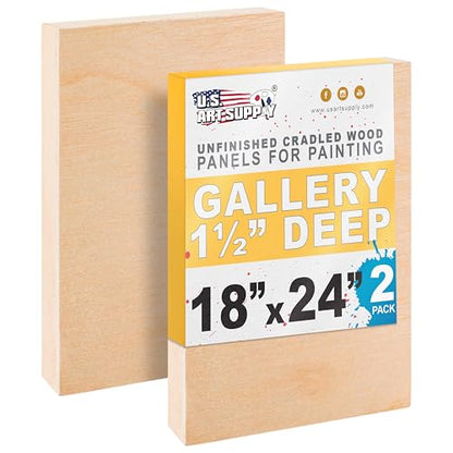 U.S. Art Supply 18" x 24" Unfinished Cradled Wood Panels for Painting, Gallery 1-1/2" Deep (2 Pack) - Artist Depth Wooden Wall Canvases - Mixed-Media Craft, Acrylic, Oil, Encaustic, Paint Pouring - size: 18" x 24"