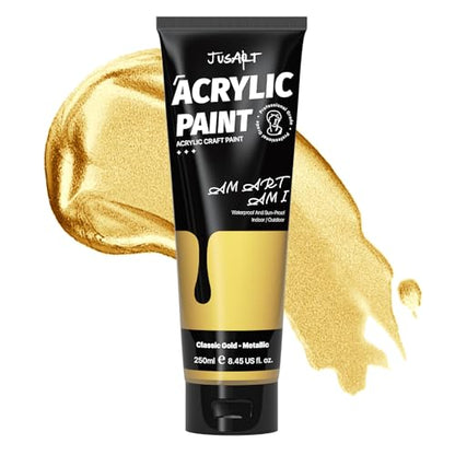 JusArt Acrylic Paint Metallic Gold Tubes(250ml, 8.45oz)，Non-Toxic & Rich Pigment Craft Paints for Canvas Painting, Wood, Fabric, Stone, Ceramics, Art Supplies for Artists, Adults - color: Gold