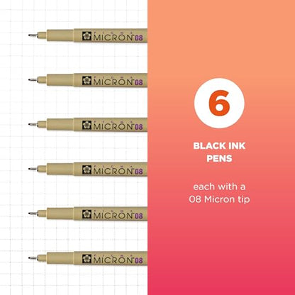 SAKURA Pigma Micron Fineliner Pens, 08 Tip Size, Archival Black Ink, 6 PK 50039 - style: Micron 08