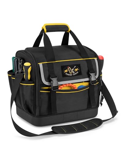 12-Inch Tool Bag with Hard Bottom, Electrician Tool Box Organizer with Detachable Divider, Multi-Purpose Work Tote for Mechanics, Carpenters, Plumbers, Black