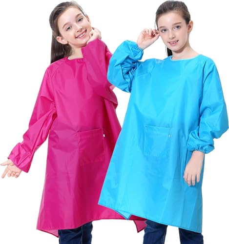 MINIQ 2 Pack Kids Art Smocks for Painting – Waterproof Paint Smock Aprons – Children’s Long Sleeve Artist Smock for Boys & Girls – Art Class & Crafting Painting Apron for Age 5-8. - color: Blue & Rose, size: XXL for Age 5-8