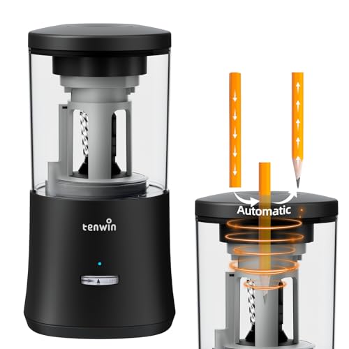 tenwin Electric Pencil Sharpener, Fully Automatic Pencil Sharpener for 6-8mm Colored Pencils, Hands-Free Rechargeable Sharpener, Fast Sharpening, No Uneven Tips, Also for Short Pencils, Black - color: Black