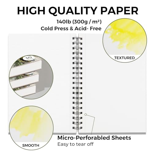 Funto Watercolor Pad 10x7, 3-Pack, 90 Sheets, 140 lb/300 GSM, Double-Sided, Cold Press, Spiral Bound, Heavyweight Paper for Watercolor Painting