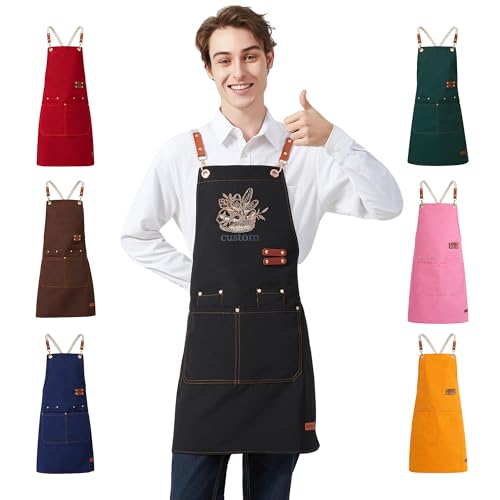 Personalized Waterproof Canvas Apron Custom Logo - Heavy Duty Cross Back 4 Pockets for Men Women Chef Barista - color: Black 1