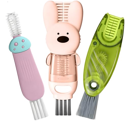 Cup Lid Cleaning Brush, Multifunctional Set with 3 in 1 Lid Cleaner and Two 4 in 1 Cup Lid Cleaning Brushes, Cleaning Brush Tool for Bottles, Straws, Tumblers, Travel Mug Caps, Portable Kit (Pink) - color: Pink