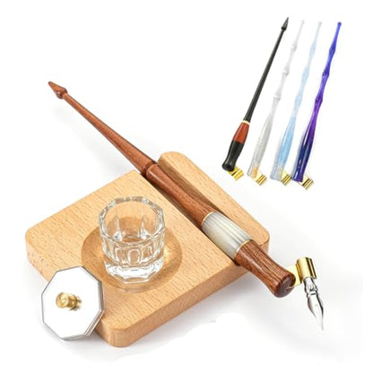 Calligraphy Dip Pen Set Wood English Calligraphy Oblique Nib Holder With Desktop Pen Holder,Ink Bottle Container and 15 Nibs Kit - Brown - color: Brown