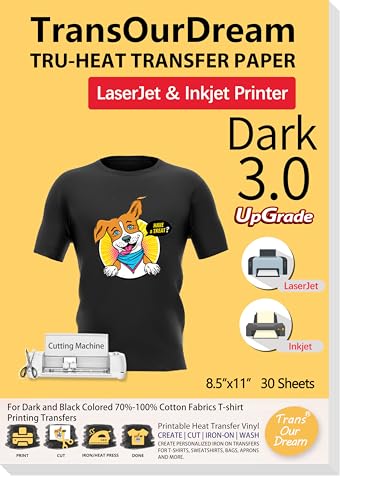 TransOurDream Tru-Heat Transfer Paper for Inkjet & Laserjet Printer (30 Sheets, 8.5x11", Dark 3.0) Printable HTV Heat Transfer Vinyl for T Shirts Iron on Transfers for Dark Fabrics (D3-33) - color: Dark, size: 30 Sheets