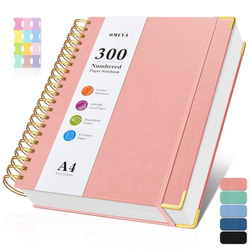 Spiral Notebook 8.5" x 11", 300 Numbered Pages Notebooks College Ruled with Contens, 100GSM Thick Journal for Women Men, Hardcover Leather Lined Journal for Writing, Large A4 Notebooks for Work School - color: Pink, size: A4