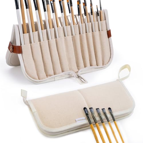 Stand Up Canvas Paint Brush Holder Case for Artists, 22 Slots Brush Organizer with Pop-Up Stand, Zippered Travel Paint Brush Storage Bag for Acrylic Oil Watercolor Brushes, Portable Paintbrush Case - color: Natural, size: Large 6*13.5"
