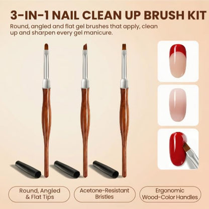 3PCS Nail Art Clean Up Brushes, Round/Angled/flat Acetone Resistant Gel Nail Polish Remover Brush, Nail Brushes for Tidying Up Polish Mishaps on Cuticles, and Nail Art Designs（Wood color） - color: Wood Color 3PCS