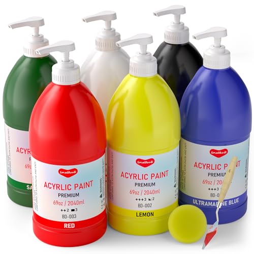 Smallbudi 6 Colors Large Acrylic Paint Set (69 oz,2040 ml) Art Painting Bulk Supplies for Multi Surface Canvas Wood Leather Fabric Rock Craft, Non Toxic Paint for Kid & Adult with Pump - color: 6 Colors 2040ml