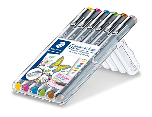 STAEDTLER 30803S2SB6 Pigment Liner Pens - Assorted Colours, 0.3 mm (Set of 6) - color: Assorted, size: 6 Count (Pack of 1), style: 0.3 mm