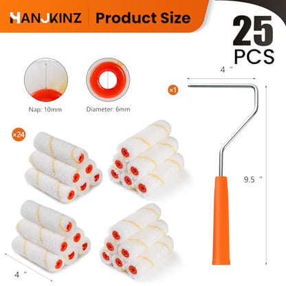 24 Pack Microfiber Paint Roller 4 Inch, Mini Paint Roller Covers, 3/8 Inch Nap, Small Paint Rollers for House Painting with Paint Roller Frame, Wall Painting Tool - size: 4 Inch,24 Pack