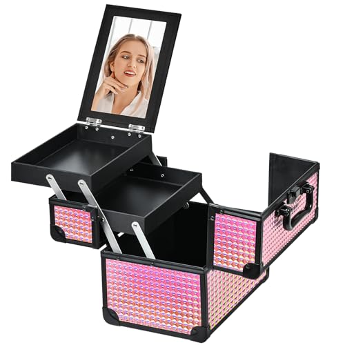 Makeup Case Organizer,Makeup Train Case, Trays Cosmetic Box Portable, Profesional for Salon Barber,Black Bright Pink - color: Black Bright Pink