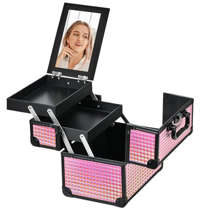 Makeup Case Organizer,Makeup Train Case, Trays Cosmetic Box Portable, Profesional for Salon Barber,Black Bright Pink - color: Black Bright Pink