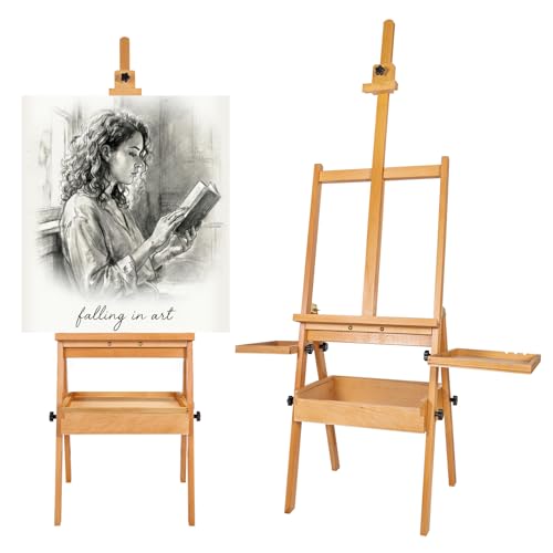 Falling in Art Large Wooden Painting Easel with Storage Drawer and Palettes, H-Frame Studio Easel Stand Holds Canvas up to 36 Inches, Suitable for Adults, Beginners, and Artists - style: Natural