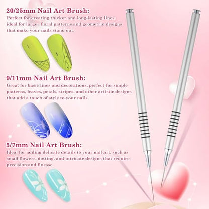 6Pcs Nail Art Liner Brushes Set, Fine Drawing Painting Details Design Striping Brush With Gel Polish Acrylic Handle Gifts Manicure Tools DIY Sizes 5/7/9/11/15/25mm, Silver - color: Sliver