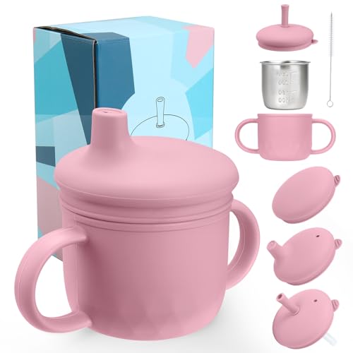 Mity rain 3-In-1 Stainless Steel Sippy Cup for 6+ Month Old, Baby Straw Cups for Toddlers 1-3 with Travel Lid, Silicone Straw, Replacement Straw & Cleaning Brush - 8oz Toddler Cups Spill Proof Set - color: Pink