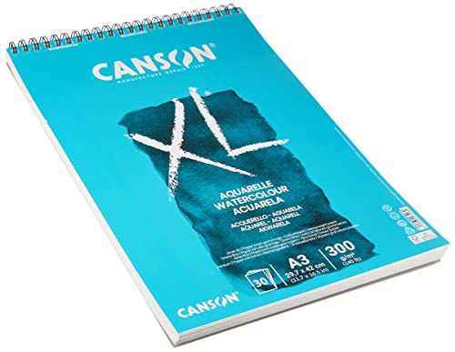 CANSON XL Watercolour 300gsm A3 Paper, Cold Pressed, Spiral Pad Short Side, 30 White Sheets, Ideal for Professional Artists - size: A3