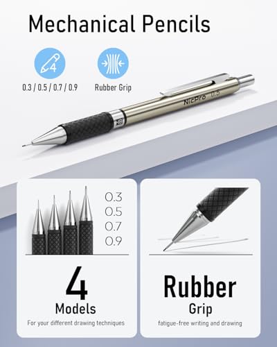 Nicpro 37PCS Art Mechanical Pencil Set, 4PCS Metal Drafting Pencil 0.3mm, 0.5 mm, 0.7 mm, 0.9 mm & 2PCS 2mm Lead Holder (6B 4B 2B HB 2H 4H Colors) For Sketching Drawing With 23 Tube Lead Refills Case - color: Black, style: 0.3 0.5 0.7 0.9 2.0