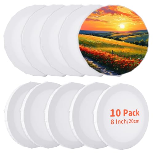 JMIATRY 10PCS Round Canvases for Painting 8 Inch, Circle Canvas Boards | 16mm Thick, Blank Circle Canvas Panels, Pre-Stretched, Cotton, White Canvas Board for Oil, Acrylic, Gouache, Crafts