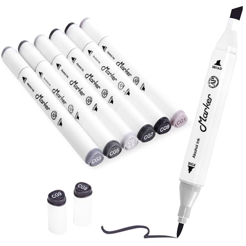 Grey Gray Alcohol Markers, 6 Pack Dual Tips Soft Fine Tip and Broad Tip Permanent Art Marker for Artists Adults Coloring Drawing Illustration Sketching Painting (Grey) - color: Grey