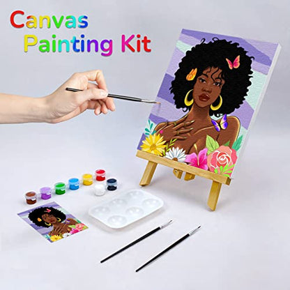 VOCHIC Canvas Painting Kit Pre Drawn Canvas for Painting for Adults Party Kits Paint and Sip Party Supplies 8x10 African American Women Flowers Art Set - size: 8x10, style: Style 2
