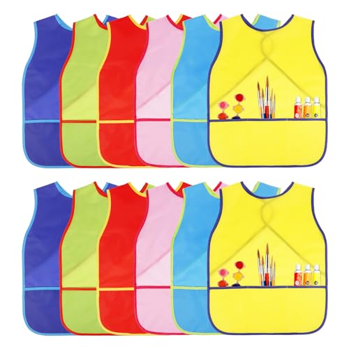 Kids Art Smock Sleeveless Painting Apron 3-8 Years | 3 Deep Pockets, Washable Waterproof Coverall for Painting, Crafts, Messy Play - Ideal for Boys Girls Classroom & Home - color: Blue, Yellow, Red, Green, Pink and Light Blue