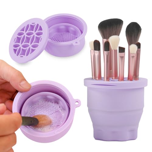 Makeup Brushes Cleaner Mat with Brush Storage Holder, Folding Portable Washing Tool for Makeup Brush Cleaning, 2 In 1 Silicone Brush Cleaner Pad & Cosmetic Brush Organizer Rack (Purple) - color: Purple