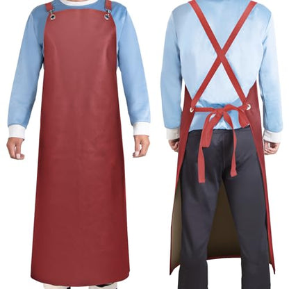 SHEOMERN Waterproof Rubber Aprons for Women, Heavy Duty Vinyl Dishwasher Apron Adjustable Cross Back Strap for Dishwasher, Butcher, Dog Grooming, Chemical Resistant, 43" Long Thicker Apron Red - color: Red