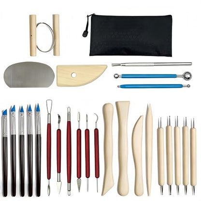 DaChihSheng 27 Pcs Clay Tools Kit Pottery Tools Polymer Clay Sculpting Tools Kit for Carving Air Dry Clay Tools Set for Adults Clay Sculpting Tools Ceramic Tools Graving Tools use for DIY Handicraft - color: Beige + Brownish Red