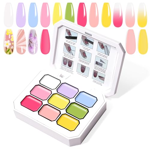 9 Colors Pat Painting Nail Gel,Hema＆TPO Free,6-in-1 Gradient Ombre Paint Nails Gel Palette for Blooming,Nail Color Gel,Liner Gel,French Nail,with Chrome Powder,No Wipe,DIY Nail Art(J) - color: Fairy Spring