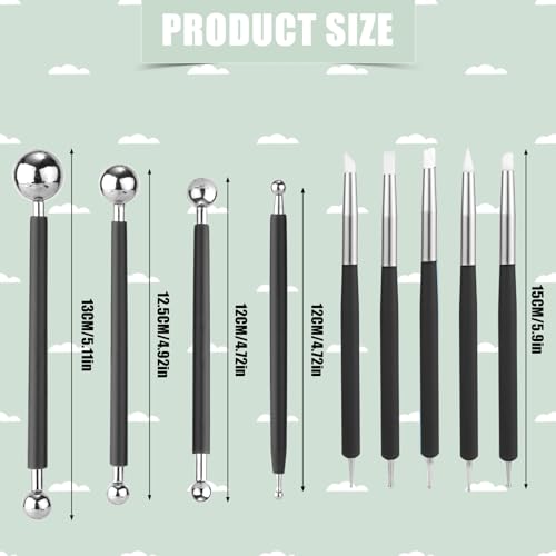 9pcs Silicone Clay Sculpting Tools, Double-Ended Dotting Tools Polymer Clay Pottery & Ceramic Metal Ball Stylus Kit for Embossing Shaping Painting Nail Art DIY Crafts