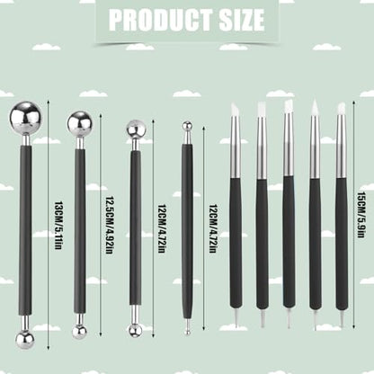 9pcs Silicone Clay Sculpting Tools, Double-Ended Dotting Tools Polymer Clay Pottery & Ceramic Metal Ball Stylus Kit for Embossing Shaping Painting Nail Art DIY Crafts