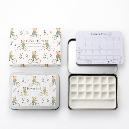 Bower Bird Travel Ceramic Watercolor Palette with Porcelain Mixing Tray & Metal Tin Box - Portable Art Kit for Gouache, Studio & Outdoor Painting (18Well) - size: 18Well
