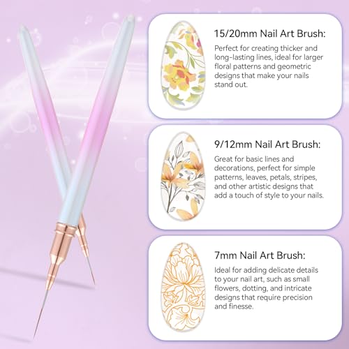 5Pcs Nail Art Liner Brushes For UV Gel Polish, Metal Handle Thin Lines Fine Drawing Pen Painting Striping Detail Design Nails Brush Set Manicure DIY Tool, Sizes 7/9/12/15/20mm（Gradient powder） - color: Gradient Powder